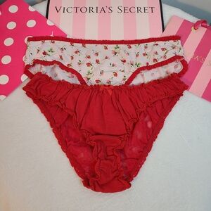 Y2K Victoria's Secret 2pk Cotton Lace Red Rose Ruffle Panties Size Lg